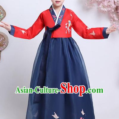 Asian Korea Court Princess Garment Costumes Children Embroidered Red Blouse and Navy Dress Korean Traditional Girl Hanbok Clothing