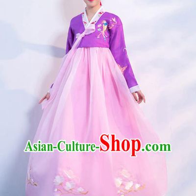 Korean Traditional Hanbok Uniforms Korea Ancient Court Dance Clothing Asian Embroidered Purple Blouse and Pink Dress