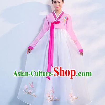 Korea Ancient Court Dance Clothing Asian Embroidered Pink Blouse and White Dress Korean Traditional Hanbok Uniforms