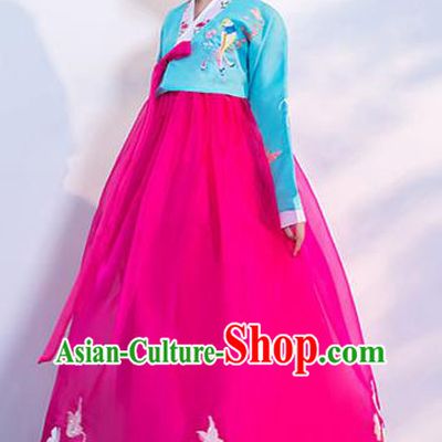 Korea Traditional Hanbok Uniforms Ancient Court Dance Clothing Asian Korean Embroidered Blue Blouse and Rosy Dress