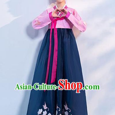 Korea Traditional Hanbok Uniforms Asian Korean Ancient Court Dance Clothing Embroidered Pink Blouse and Navy Dress
