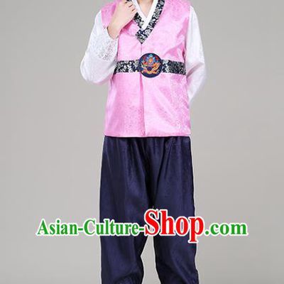 Korea Traditional Male Wedding Hanbok Suits Court Clothing Korean Prince Pink Vest White Shirt and Navy Pants Costumes