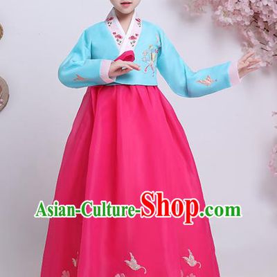 Korean Court Princess Garment Costumes Asian Korea Children Embroidered Blue Blouse and Rosy Dress Traditional Girl Hanbok Clothing