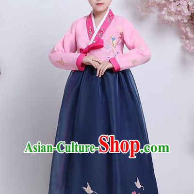 Korean Traditional Hanbok Clothing Asian Court Princess Garment Costumes Korea Girl Embroidered Pink Blouse and Navy Dress