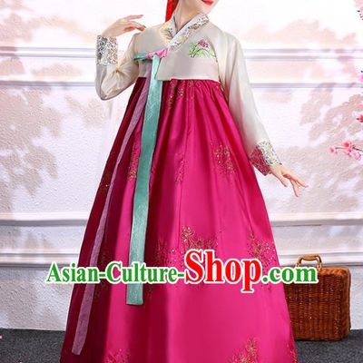 Asian Classical Dance Embroidered White Blouse and Rosy Dress Traditional Hanbok Korean Court Bride Fashion Garments Korea Wedding Clothing