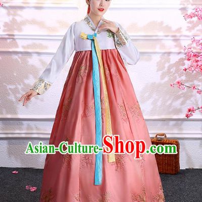 Korea Wedding Clothing Asian Classical Dance Embroidered White Blouse and Pink Dress Traditional Hanbok Korean Court Bride Fashion Garments
