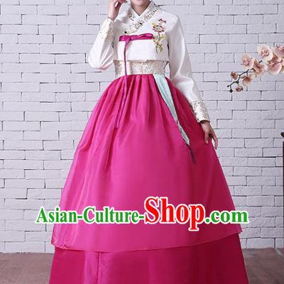 Korean Court Hanbok Traditional Bride Fashion Garments Korea Wedding Clothing Asian Classical Embroidered White Blouse and Rosy Dress