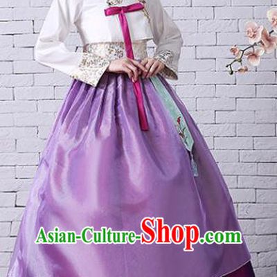 Korean Classical Embroidered White Blouse and Purple Dress Court Hanbok Asian Traditional Bride Fashion Garments Korea Wedding Clothing