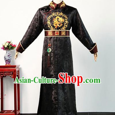 Chinese TV Story of Yanxi Palace Monarch Qianlong Black Imperial Robe Qing Dynasty Royal Highness Casual Costume Ancient Emperor Clothing