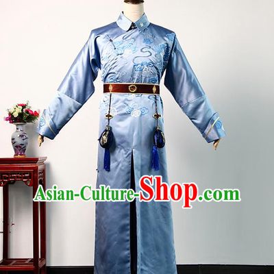 Chinese Ancient Royal Prince Clothing TV Story of Yanxi Palace Young Qi Blue Robe Qing Dynasty Childe Costume