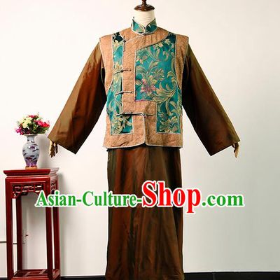 Chinese Qing Dynasty Landlord Clothing Ancient Shopkeeper Uniform Drama Teahouse Elderly Male Green Mandarin Jacket and Ginger Robe