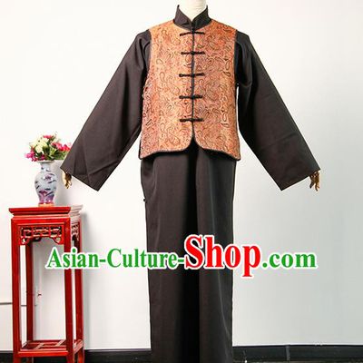Chinese Drama Teahouse Elderly Male Orange Mandarin Jacket and Grey Robe Qing Dynasty Landlord Clothing Ancient Shopkeeper Uniform