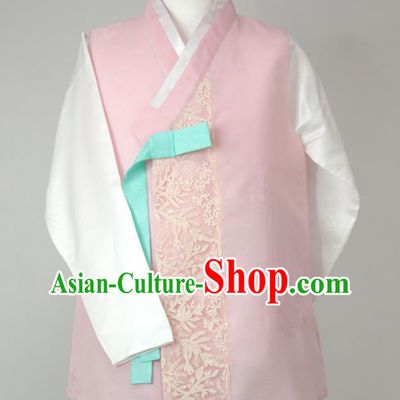 Korean Traditional Costumes Classical Wedding Bridegroom Clothing Korea Young Male Hanbok Pink Vest White Shirt and Navy Pants