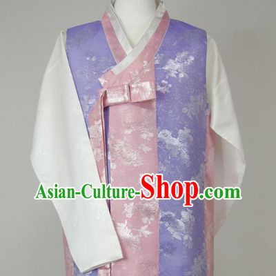 Korea Young Male Hanbok Lilac Vest White Shirt and Navy Pants Korean Traditional Costumes Classical Wedding Bridegroom Clothing