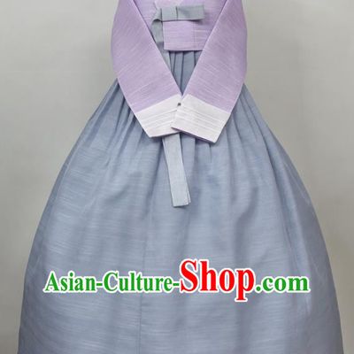 Korean Elderly Woman Classical Hanbok Lilac Blouse and Blue Dress Traditional Wedding Mother Clothing Korea Celebration Fashion Costumes