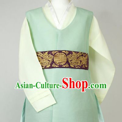 Korean Traditional Costumes Korea Classical Wedding Bridegroom Clothing Young Male Hanbok Green Long Vest Beige Shirt and Grey Pants
