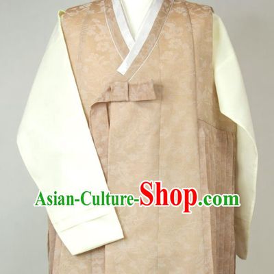 Korea Classical Wedding Bridegroom Clothing Korean Young Male Hanbok Khaki Long Vest Beige Shirt and Grey Pants Traditional Costumes