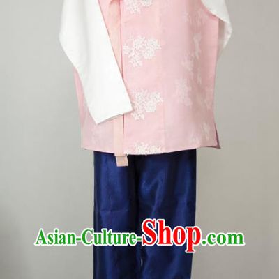 Korea Traditional Costumes Classical Wedding Bridegroom Clothing Korean Hanbok Young Male Pink Vest White Shirt and Navy Pants