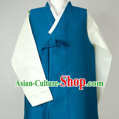 Korea Young Male Blue Long Vest White Shirt and Grey Pants Traditional Costumes Classical Wedding Bridegroom Clothing Korean Hanbok