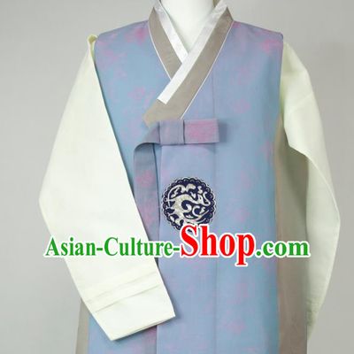 Korean Hanbok Young Male Blue Long Vest Beige Shirt and Grey Pants Traditional Costumes Korea Classical Wedding Bridegroom Clothing