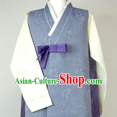 Korea Traditional Costumes Classical Wedding Bridegroom Clothing Korean Hanbok Young Male Blue Long Vest White Shirt and Grey Pants