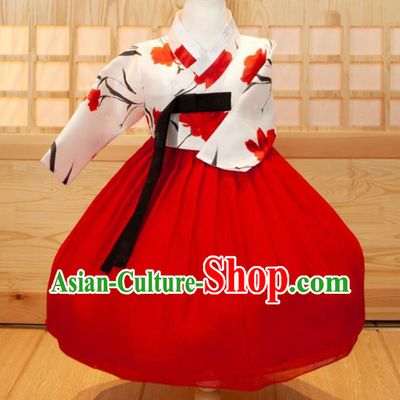 Korea Traditional Garment Costumes Children Hanbok Clothing Korean Princess Fashion Girl Festival Printing White Shirt and Red Dress