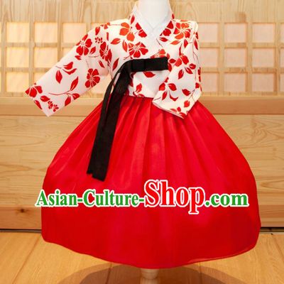 Korea Girl Festival Printing White Shirt and Red Dress Traditional Garment Costumes Children Hanbok Clothing Korean Princess Fashion