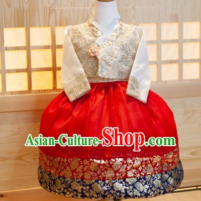 Korean Children Hanbok Clothing Princess Fashion Korea Girl Festival White Shirt and Red Dress Traditional Garment Costumes