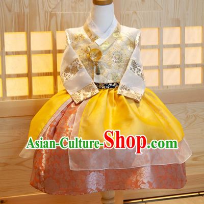 Korean Traditional Garment Costumes Children Hanbok Clothing Princess Fashion Korea Girl Festival White Shirt and Yellow Dress