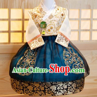 Korea Girl Festival Fashion White Shirt and Blue Dress Korean Traditional Garment Costumes Children Princess Hanbok Clothing