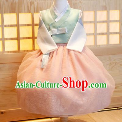 Korean Traditional Garment Costumes Korea Children Princess Hanbok Clothing Girl Festival Fashion Green Shirt and Pink Dress