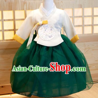 Korean Girl Princess Hanbok Clothing Children Festival Fashion White Shirt and Green Dress Korea Traditional Garment Costumes