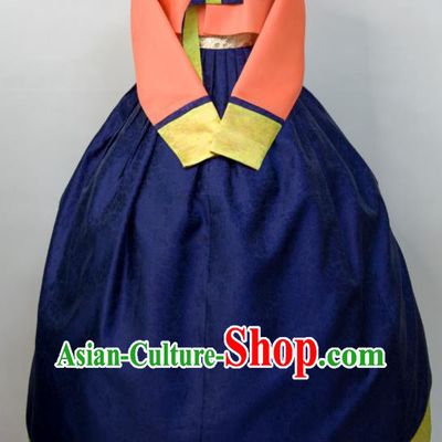 Korean Traditional Wedding Costumes Court Bride Hanbok Festival Ceremony Clothing Woman Fashion Embroidered Orange Blouse and Navy Dress