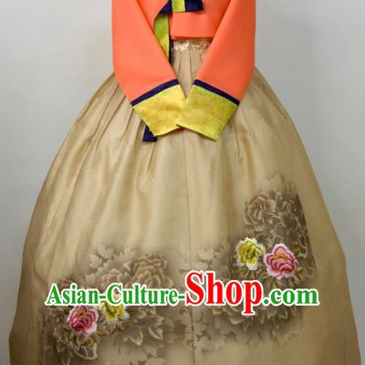 Korean Woman Fashion Embroidered Orange Blouse and Ginger Dress Traditional Wedding Costumes Court Bride Hanbok Festival Ceremony Clothing