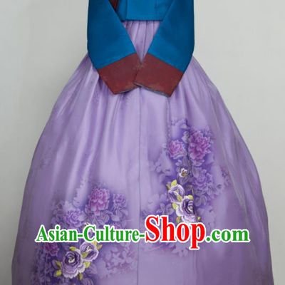Korean Wedding Bride Mother Fashion Costumes Traditional Festival Clothing Elderly Woman Hanbok Blue Blouse and Purple Dress