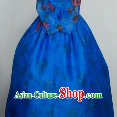 Korean Court Woman Fashion Hanbok Printing Blouse and Blue Dress Wedding Bride Costumes Traditional Festival Clothing