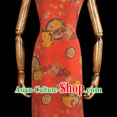 Chinese Red Gambiered Guangdong Gauze Cheongsam Cloth Classical Peony Pattern DIY Satin Fabric Silk Fabric