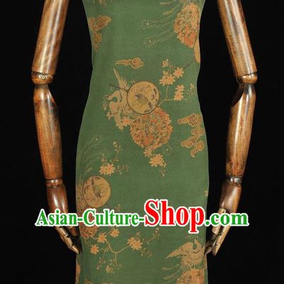 Chinese Silk Fabric Green Gambiered Guangdong Gauze Cheongsam Cloth Traditional Palace Fan Pattern DIY Satin Fabric