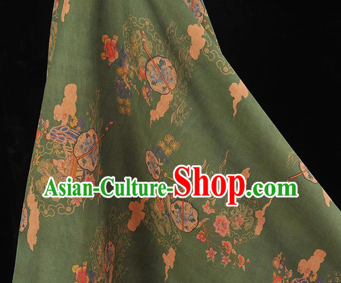 Chinese Traditional Peony Fan Pattern DIY Fabric Green Gambiered Guangdong Gauze Cheongsam Silk Cloth Chinese Traditional Peony Fan Pattern DIY Fabric Green Gambiered Guangdong Gauze Cheongsam Silk Cloth