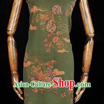 Chinese Traditional Peony Fan Pattern DIY Fabric Green Gambiered Guangdong Gauze Cheongsam Silk Cloth