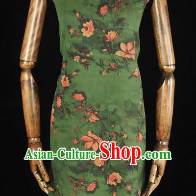 Chinese Deep Green Gambiered Guangdong Gauze Cheongsam Silk Cloth Traditional Mangnolia Pattern DIY Fabric