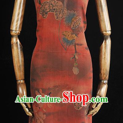 Chinese Traditional Lotus Mangnolia Pattern DIY Dress Fabric Cheongsam Silk Cloth Red Gambiered Guangdong Gauze