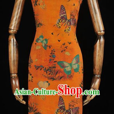 Chinese Traditional Butterfly Pattern Dress Fabric DIY Cheongsam Silk Cloth Orange Gambiered Guangdong Gauze