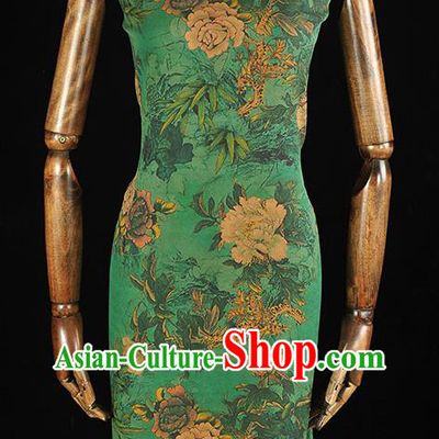 Chinese Traditional Peony Pattern DIY Fabric Green Gambiered Guangdong Gauze Cheongsam Silk Cloth
