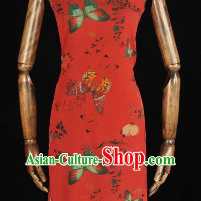 Chinese Red Gambiered Guangdong Gauze Traditional Butterfly Pattern Dress Fabric DIY Cheongsam Silk Cloth