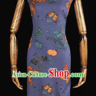 Chinese DIY Cheongsam Silk Cloth Blue Gambiered Guangdong Gauze Traditional Butterfly Pattern Dress Fabric