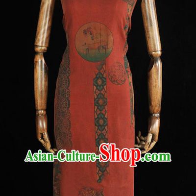 Chinese Dark Red Gambiered Guangdong Gauze Traditional Flowers Pattern Dress Fabric Cheongsam Silk Cloth