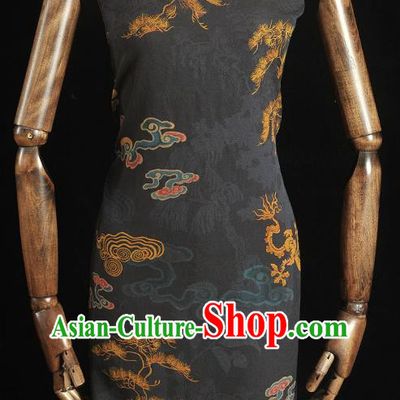 Chinese Cheongsam Silk Cloth Black Gambiered Guangdong Gauze Traditional Dragon Phoenix Pattern Dress Fabric