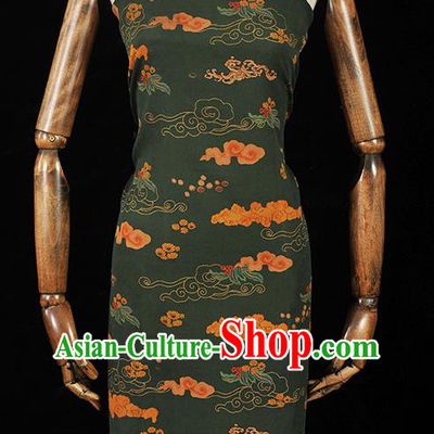 Chinese Cheongsam Silk Cloth Atrovirens Gambiered Guangdong Gauze Traditional Clouds Pattern Dress Fabric