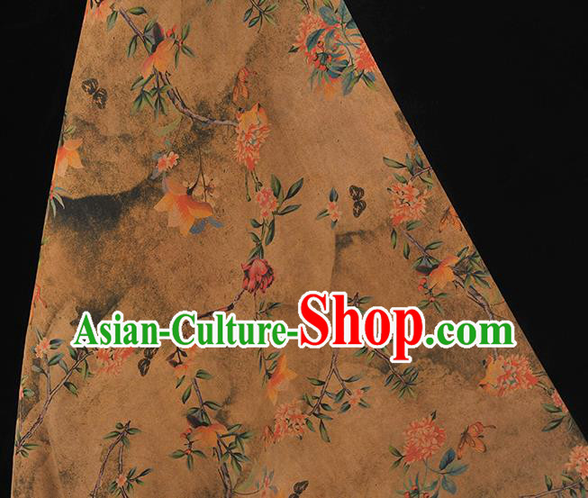 Chinese Khaki Gambiered Guangdong Gauze Traditional Flowers Pattern Dress Fabric Cheongsam Silk Cloth